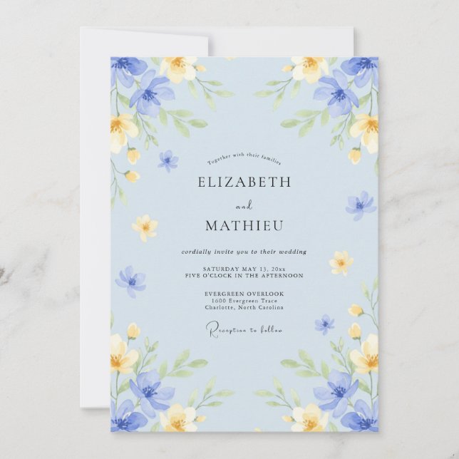 Convite Casamento Flor de Fantasia Azul Pálido (Frente)