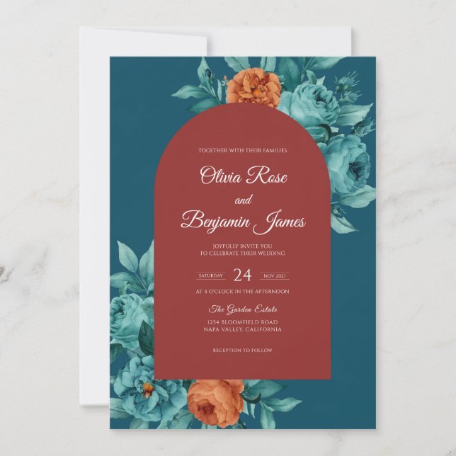 Convite Casamento Flor de Ferrugem Teal (Frente)