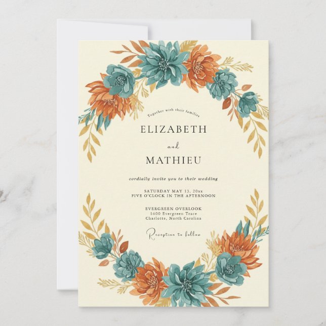 Convite Casamento Flor de Ferrugem Turquesa (Frente)