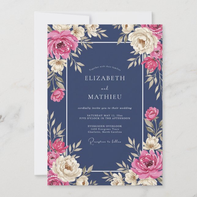 Convite Casamento Flor de Fúcsia à Meia-Noite (Frente)