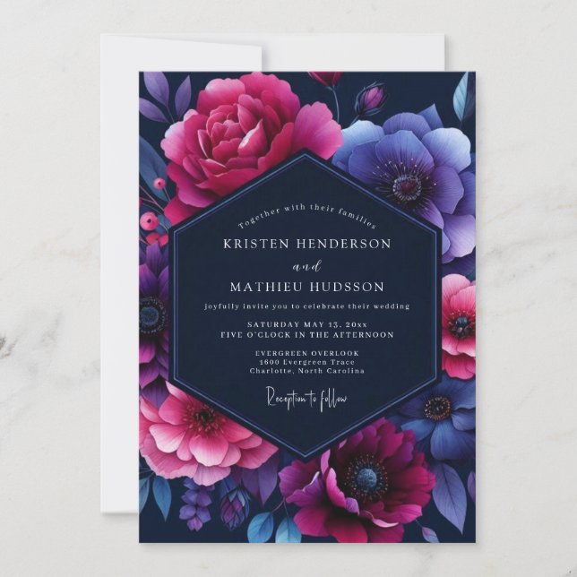 Convite Casamento Flor de Fúcsia Noturna (Frente)