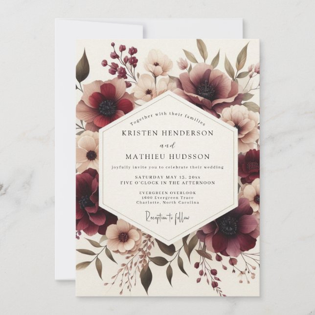 Convite Casamento Flor de Herança Borgonha (Frente)