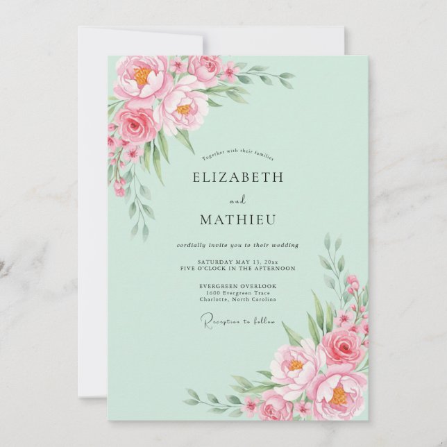Convite Casamento Flor de Hortelã Pintada de Verde (Frente)
