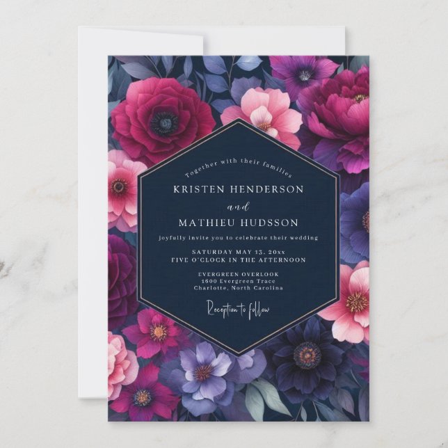 Convite Casamento Flor de Índigo Fúcsia (Frente)