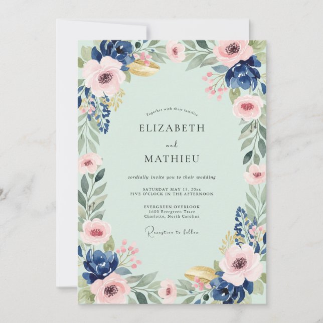 Convite Casamento Flor de Índigo Menta (Frente)