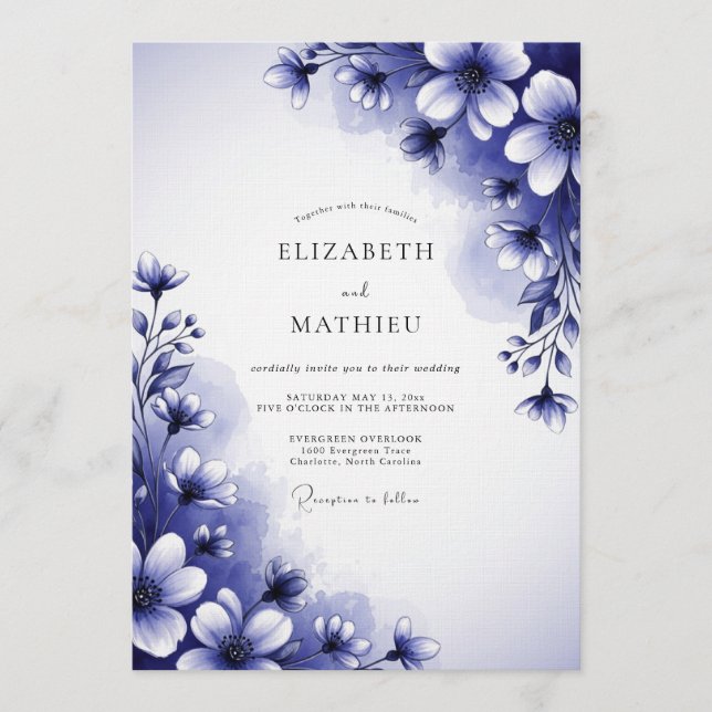 Convite Casamento Flor de Índigo Pintada (Frente)