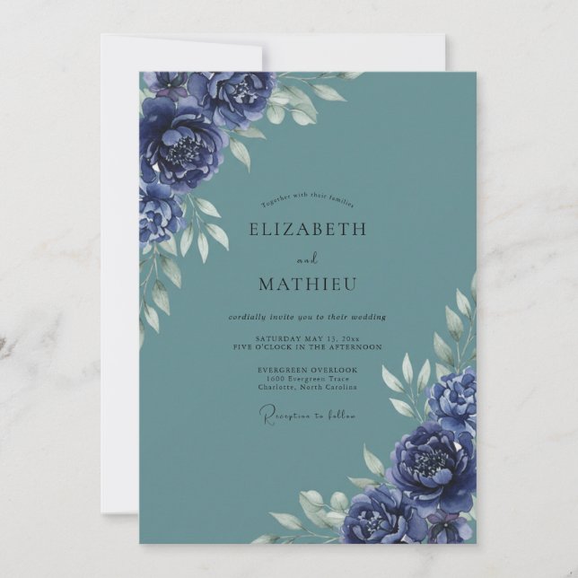 Convite Casamento Flor de Índigo Slate (Frente)