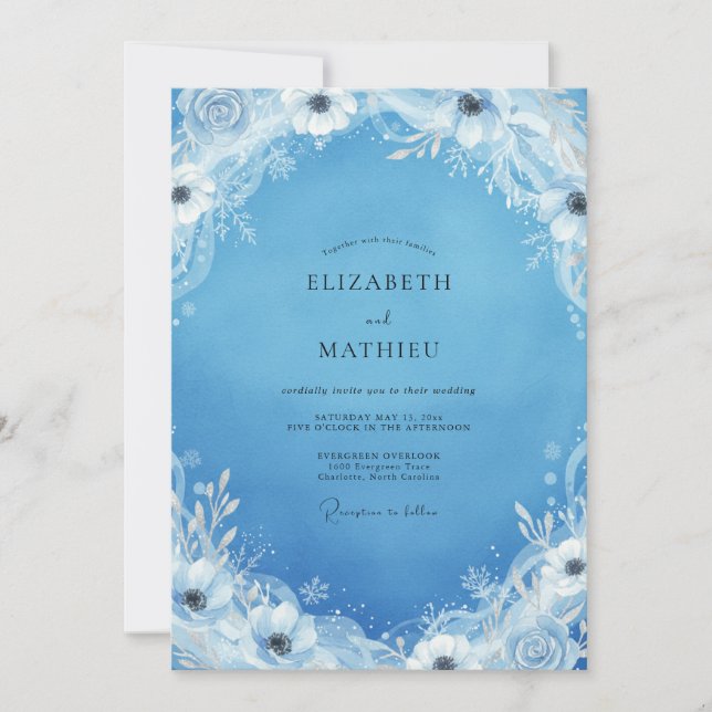 Convite Casamento Flor de Inverno Azul Céu (Frente)