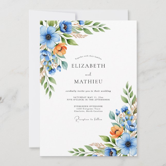 Convite Casamento Flor de Laranja Azul (Frente)