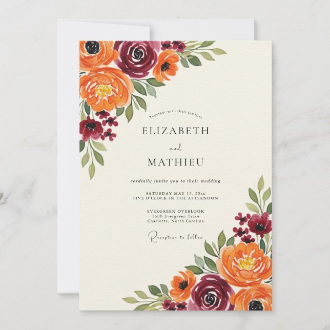 Convite Casamento Flor de Laranja Borgonha Pintado à Mão (Frente)