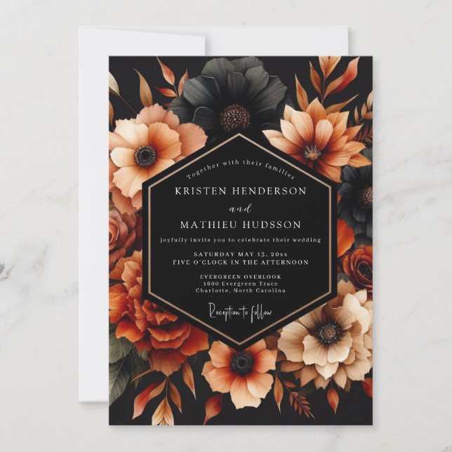 Convite Casamento Flor de Laranja Queimada Noir (Frente)
