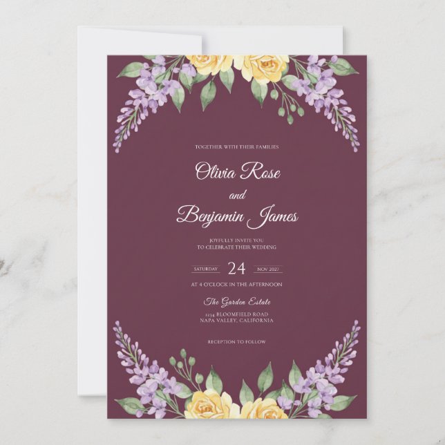 Convite Casamento Flor de Lavanda Ameixa (Frente)