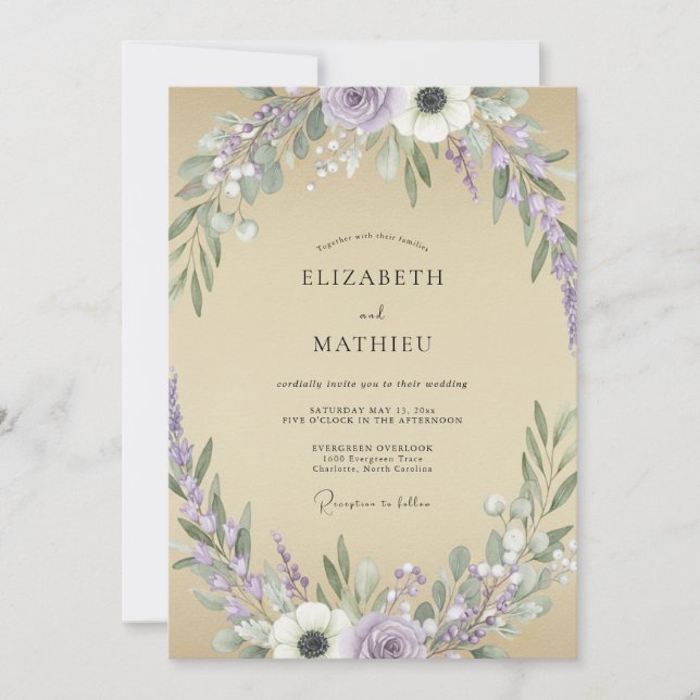 Convite Casamento Flor de Lavanda Areia (Frente)