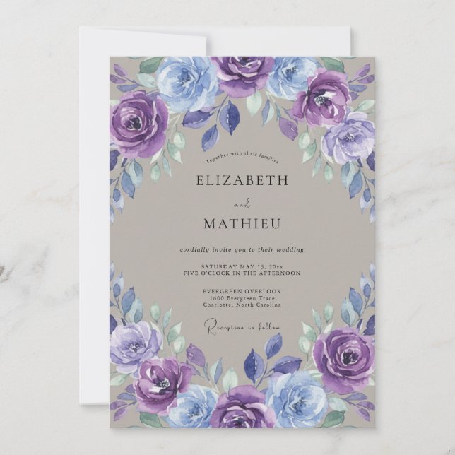 Convite Casamento Flor de Lavanda Azul (Frente)