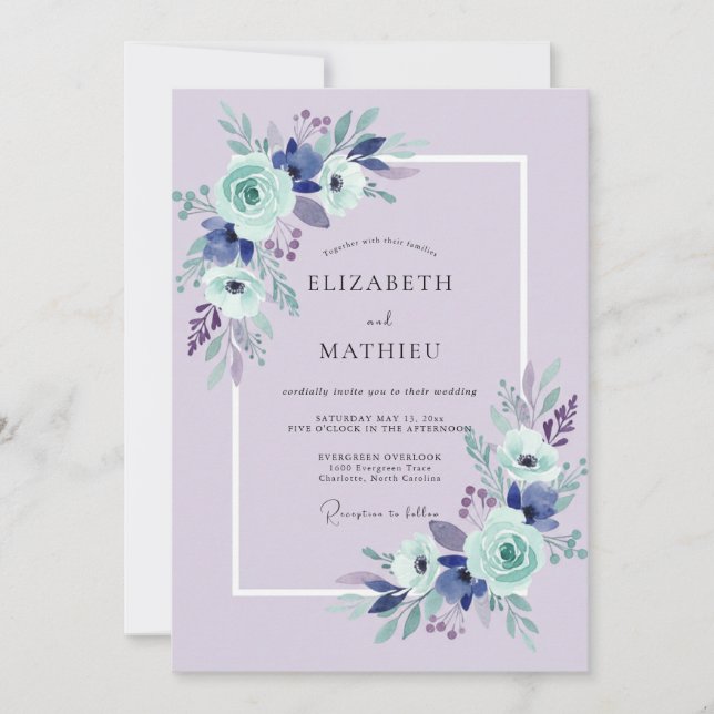 Convite Casamento Flor de Lavanda Azul (Frente)