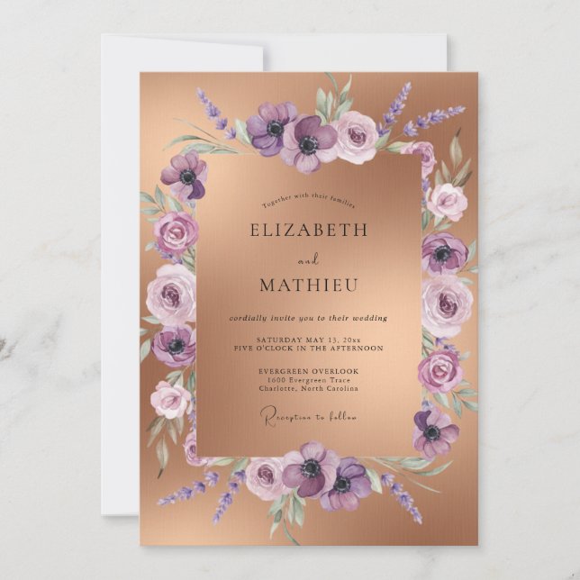 Convite Casamento Flor de Lavanda em Rose Gold (Frente)