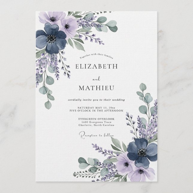 Convite Casamento Flor de Lavanda Etérea Marinho (Frente)