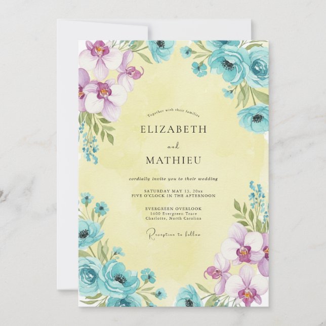 Convite Casamento Flor de Lilás Aquático (Frente)