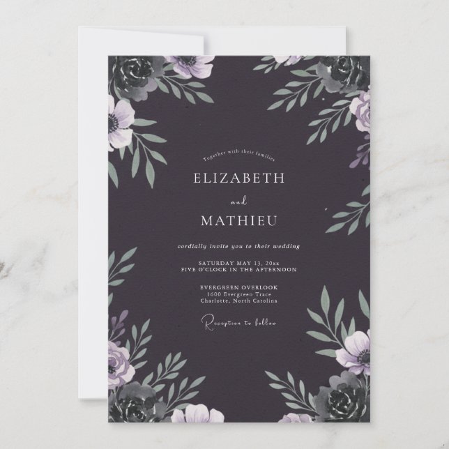 Convite Casamento Flor de Lilás Carvão (Frente)