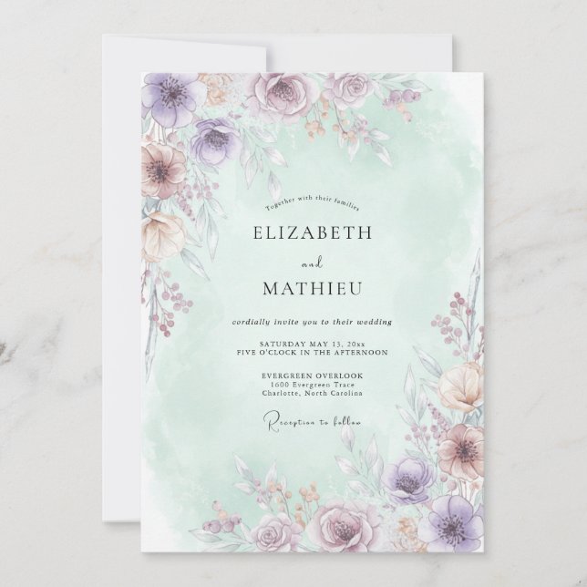 Convite Casamento Flor de Lilás Etéreo Pálido (Frente)
