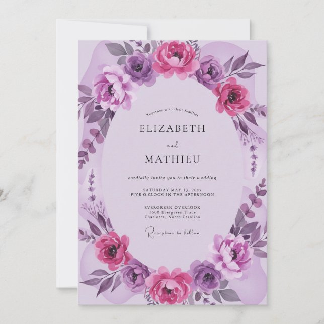 Convite Casamento Flor de Lilás Magenta (Frente)