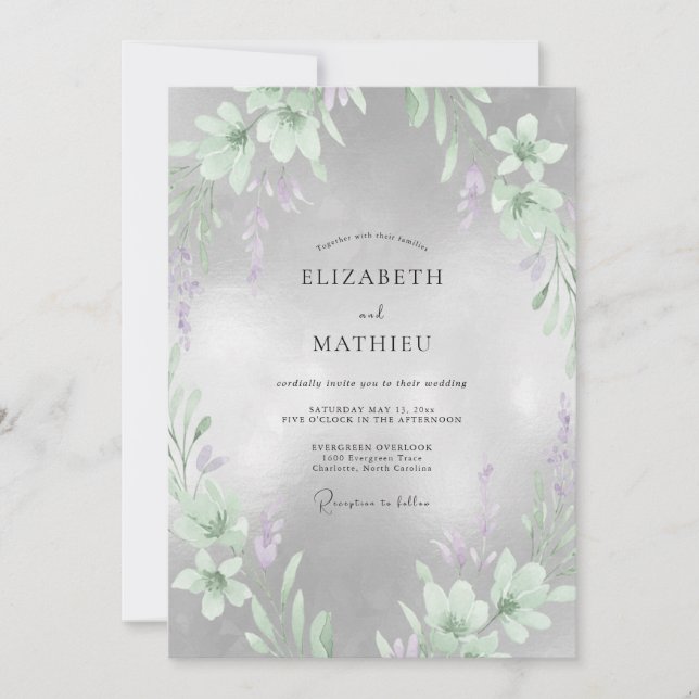 Convite Casamento Flor de Lilás Prateado (Frente)