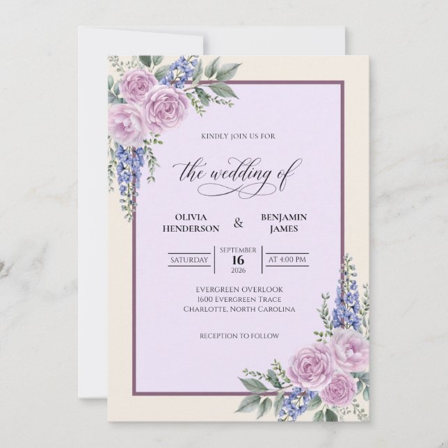 Convite Casamento Flor de Lilás Roxo (Frente)