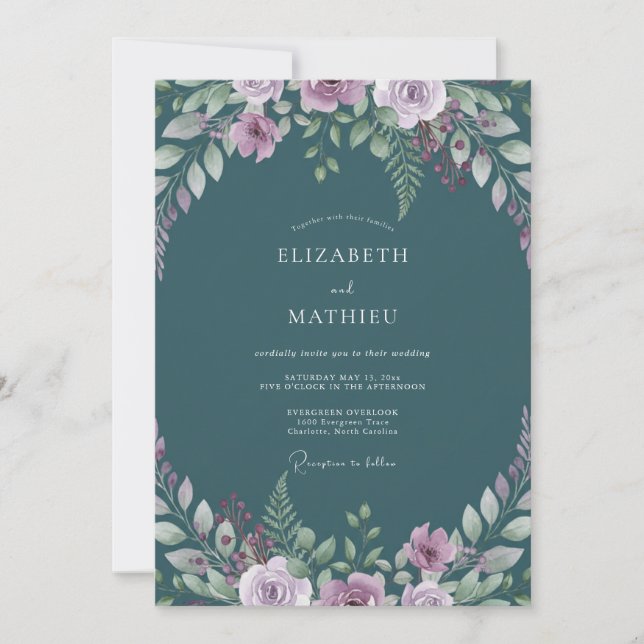 Convite Casamento Flor de Lilás Turquesa (Frente)