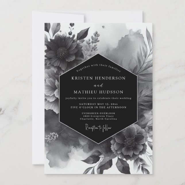 Convite Casamento Flor de Luxo Preto (Frente)