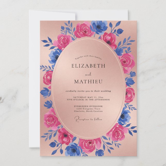Convite Casamento Flor de Magenta Cobalto (Frente)