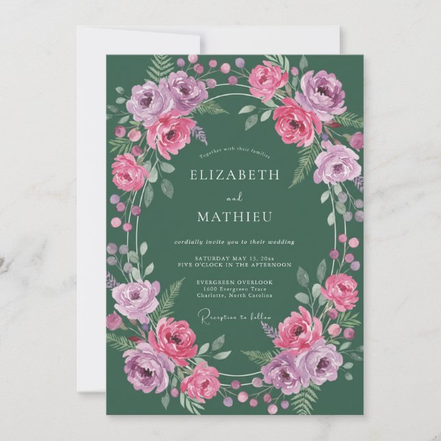 Convite Casamento Flor de Magenta Ranunculus Eucalipto (Frente)