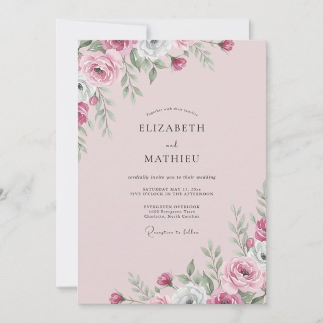 Convite Casamento Flor de Magenta Rosa Malva (Frente)