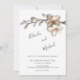 Convite Casamento Flor de Magnólia Off White em Relevo Fal