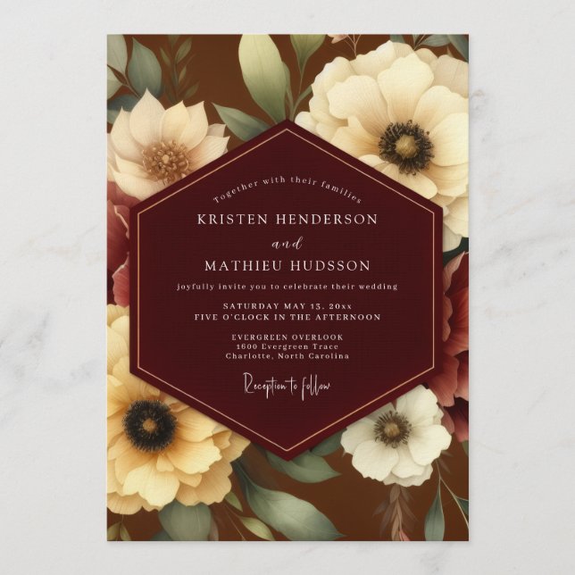Convite Casamento Flor de Marfim Borgonha (Frente)