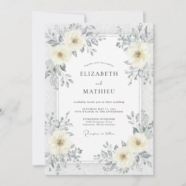 Convite Casamento Flor de Marfim Prata (Frente)