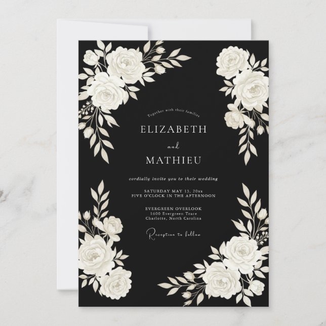 Convite Casamento Flor de Marfim Preto (Frente)