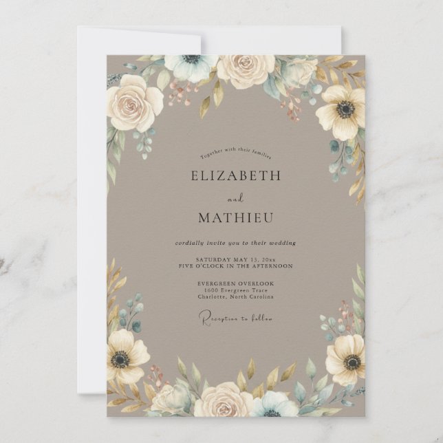 Convite Casamento Flor de Marfim Taupe (Frente)
