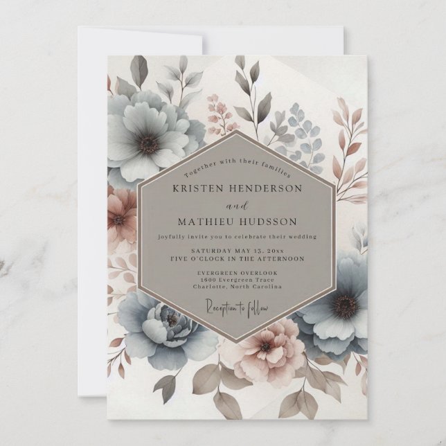 Convite Casamento Flor de Mauve Azul Empoeirado (Frente)