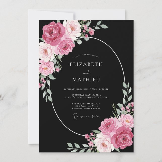Convite Casamento Flor de Mauve Preto (Frente)