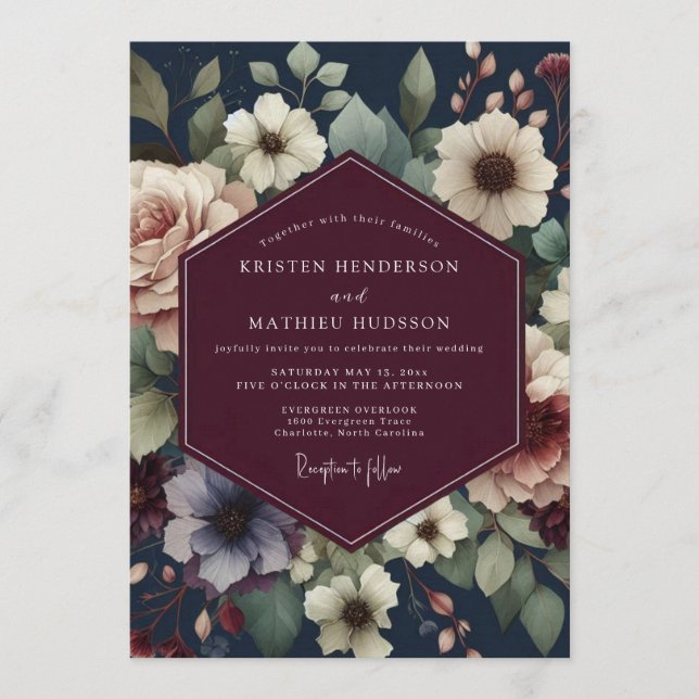 Convite Casamento Flor de Meia-Noite Borgonha (Frente)