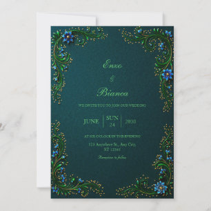 Convite Casamento Flor de Meia-Noite Dourada Teal