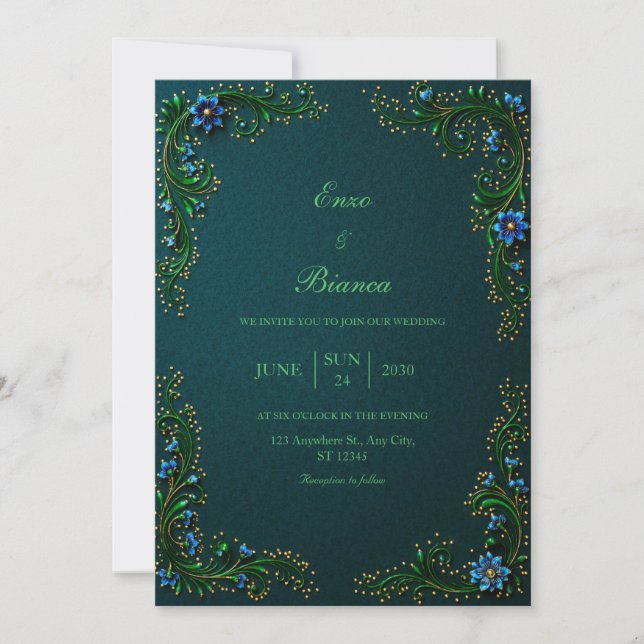 Convite Casamento Flor de Meia-Noite Dourada Teal (Frente)