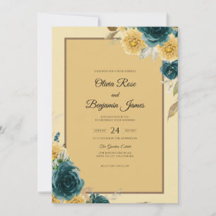 Convite Casamento Flor de Mostarda Azul-Ciano