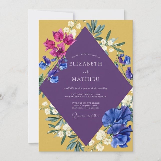 Convite Casamento Flor de Mostarda Roxa (Frente)