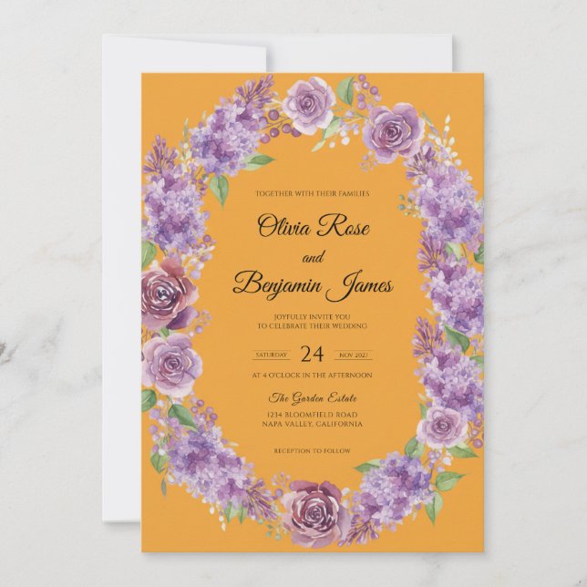 Convite Casamento Flor de Mostarda Roxa (Frente)