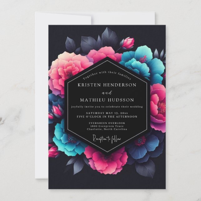 Convite Casamento Flor de Néon Fúcsia (Frente)