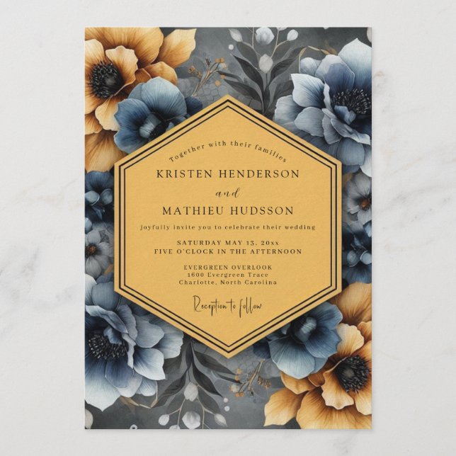 Convite Casamento Flor de Ocre Azul Ardósia (Frente)