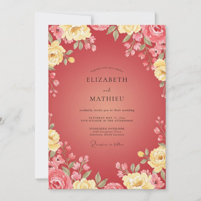 Convite Casamento Flor de Ouro Carmesim (Frente)