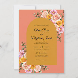 Convite Casamento Flor de Ouro Coral