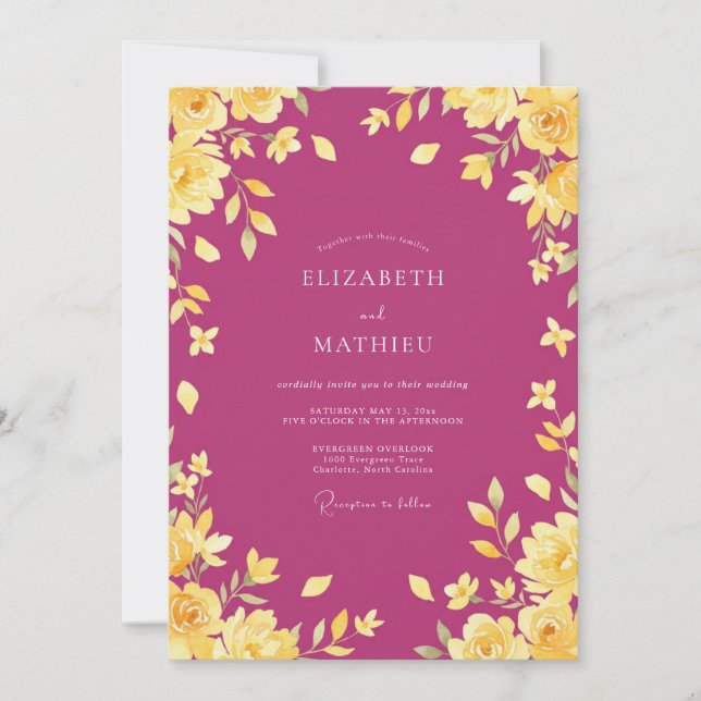 Convite Casamento Flor de Ouro Magenta (Frente)